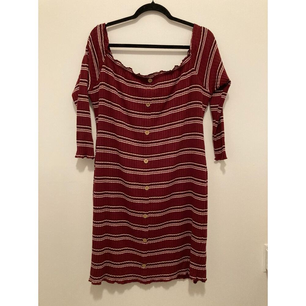 Rue 21 Dress Womens 4X Maroon Red Striped Ribbed Off The Shoulder Plus Stretch